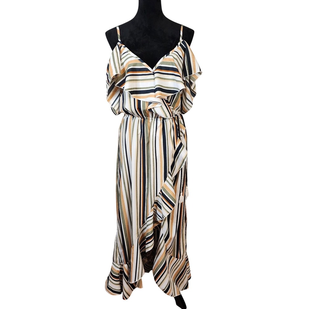 HINT OF BLUSH Large Striped Earth Tone Off Shoulder Ruffled Faux Wrap Maxi Dress